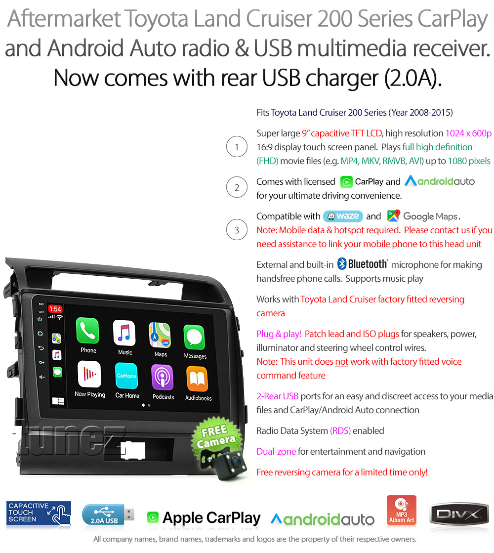 TLC15CP Licensed Apple CarPlay Android Auto GPS GPS Super Large 9-inch Toyota Land Cruiser 200 Series Year 2008 2009 2010 2011 2012 2013 2014 2015 9-inch Touch Screen IPS Capacitive Universal Double DIN Latest Australia UK European USA Original Car USB 2.0A Charge player radio stereo head unit Aftermarket External and Internal Microphone Bluetooth Europe Sat Nav Navi Plug and Play ISO Plug Wiring Harness Matching Fascia Kit Facia Free Reversing Camera Album Art ID3 Tag RMVB MP3 MP4 AVI MKV Full High Definition FHD AirPlay Air Play MirrorLink Mirror Link Connects2 CTSTY008.2 CTSTY00C CTSTY00CAMP CTSTY013.2