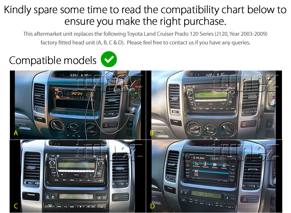 TLC19AND TLC19 GPS Aftermarket Toyota Land Cruiser LandCruiser Prado 120 Series J120 Year 2003 2004 2005 2006 2007 2008 2009 GX GXL Grande large 9-inch 9' touchscreen Universal Double DIN Latest Australia UK European USA Original CarPlay Android Auto 10 Car USB player radio stereo 4G LTE WiFi head unit details Aftermarket External and Internal Microphone Bluetooth Europe Sat Nav Navi Plug and Play ISO Plug Wiring Harness Matching Fascia Kit Facia Free Reversing Camera Album Art ID3 Tag RMVB MP3 MP4 AVI MKV Full High Definition FHD MyLink My Link 1080p DAB+ Digital Radio DAB + Connects2 CTSTY008.2 CTSTY00C CTSTY00CAMP CTSTY013.2