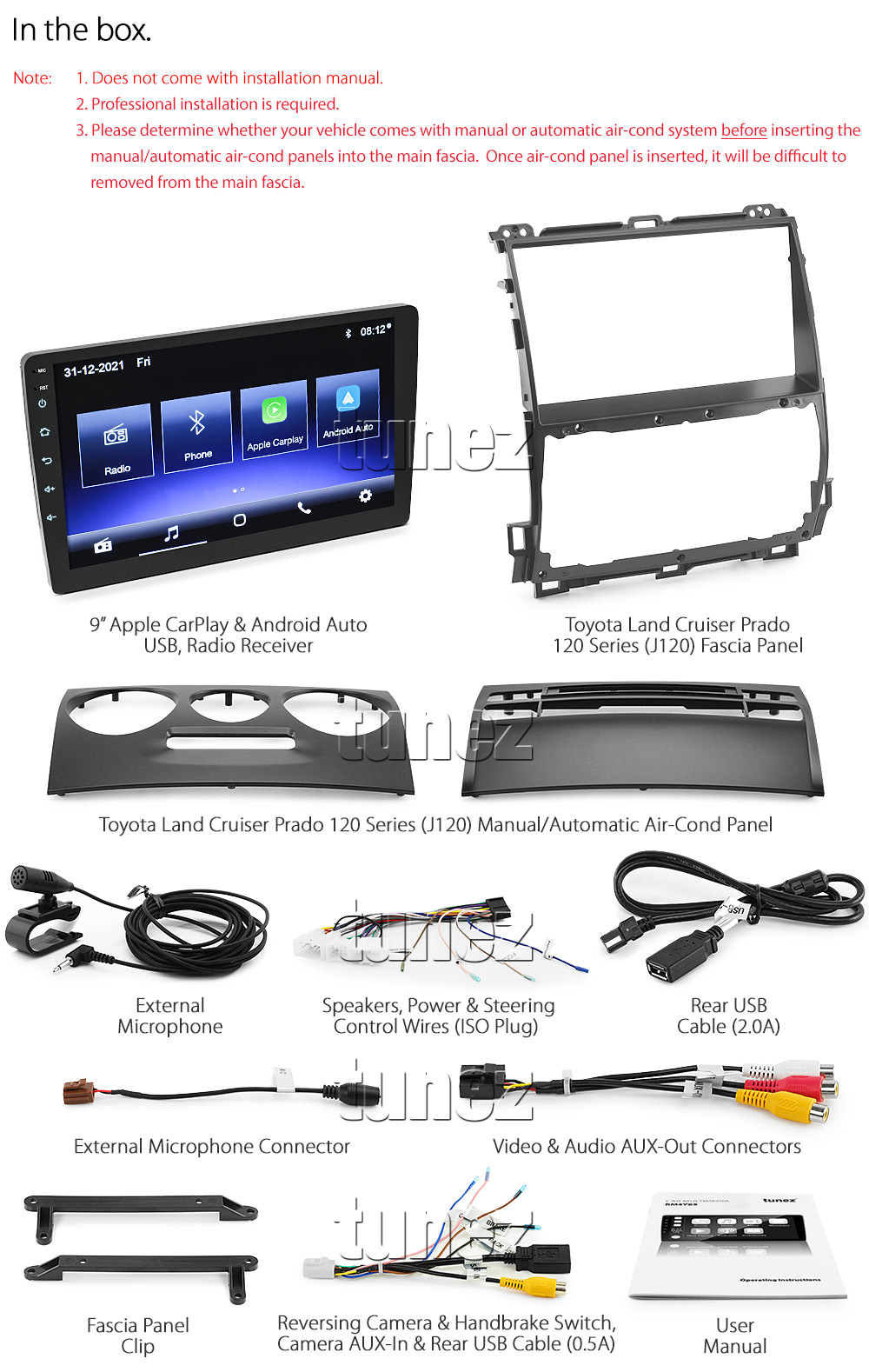 TLC18CP TLC18 Licensed Apple CarPlay Android Auto GPS GPS Super Large 9-inch Toyota Land Cruiser LandCruiser Prado 120 Series J120 Year 2003 2004 2005 2006 2007 2008 2009 GX GXL Grande Super Large 9-inch Touch Screen IPS Capacitive Universal Double DIN Latest Australia UK European USA Original Car USB 2.0A Charge player radio stereo head unit Aftermarket External and Internal Microphone Bluetooth Europe Sat Nav Navi Plug and Play ISO Plug Wiring Harness Matching Fascia Kit Facia Free Reversing Camera Album Art ID3 Tag RMVB MP3 MP4 AVI MKV Full High Definition FHD MirrorLink Mirror Link Connects2 CTSTY008.2 CTSTY00C CTSTY00CAMP CTSTY013.2