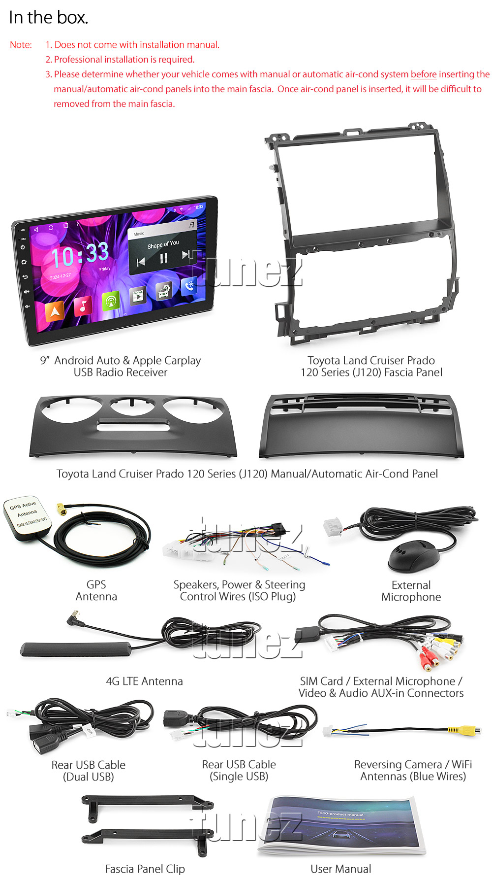 TLC19AND TLC19 GPS Aftermarket Toyota Land Cruiser LandCruiser Prado 120 Series J120 Year 2003 2004 2005 2006 2007 2008 2009 GX GXL Grande large 9-inch 9' touchscreen Universal Double DIN Latest Australia UK European USA Original CarPlay Android Auto 10 Car USB player radio stereo 4G LTE WiFi head unit details Aftermarket External and Internal Microphone Bluetooth Europe Sat Nav Navi Plug and Play ISO Plug Wiring Harness Matching Fascia Kit Facia Free Reversing Camera Album Art ID3 Tag RMVB MP3 MP4 AVI MKV Full High Definition FHD MyLink My Link 1080p DAB+ Digital Radio DAB + Connects2 CTSTY008.2 CTSTY00C CTSTY00CAMP CTSTY013.2