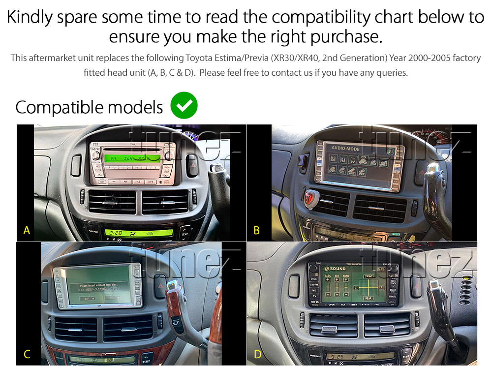 TPR01AND GPS Aftermarket Toyota Estima Previa ACR30 ACR40 XR30 XR40 Year 2000 2001 2002 2003 2004 2005 Aeras MPV chassis capacitive 10 inches touchscreen Universal Double DIN Latest Australia UK European USA Original CarPlay Android Auto 10 Car USB player radio stereo 4G LTE WiFi head unit details Aftermarket External and Internal Microphone Bluetooth Europe Sat Nav Navi Plug and Play ISO Plug Wiring Harness Matching Fascia Kit Facia Free Reversing Camera Album Art ID3 Tag RMVB MP3 MP4 AVI MKV Full High Definition FHD 1080p DAB+ Digital Radio DAB + Connects2 CTSIZ001.2