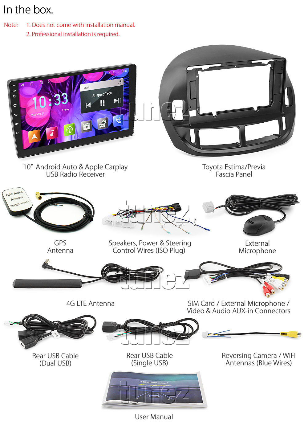 TPR01AND GPS Aftermarket Toyota Estima Previa ACR30 ACR40 XR30 XR40 Year 2000 2001 2002 2003 2004 2005 Aeras MPV chassis capacitive 10 inches touchscreen Universal Double DIN Latest Australia UK European USA Original CarPlay Android Auto 10 Car USB player radio stereo 4G LTE WiFi head unit details Aftermarket External and Internal Microphone Bluetooth Europe Sat Nav Navi Plug and Play ISO Plug Wiring Harness Matching Fascia Kit Facia Free Reversing Camera Album Art ID3 Tag RMVB MP3 MP4 AVI MKV Full High Definition FHD 1080p DAB+ Digital Radio DAB + Connects2 CTSIZ001.2