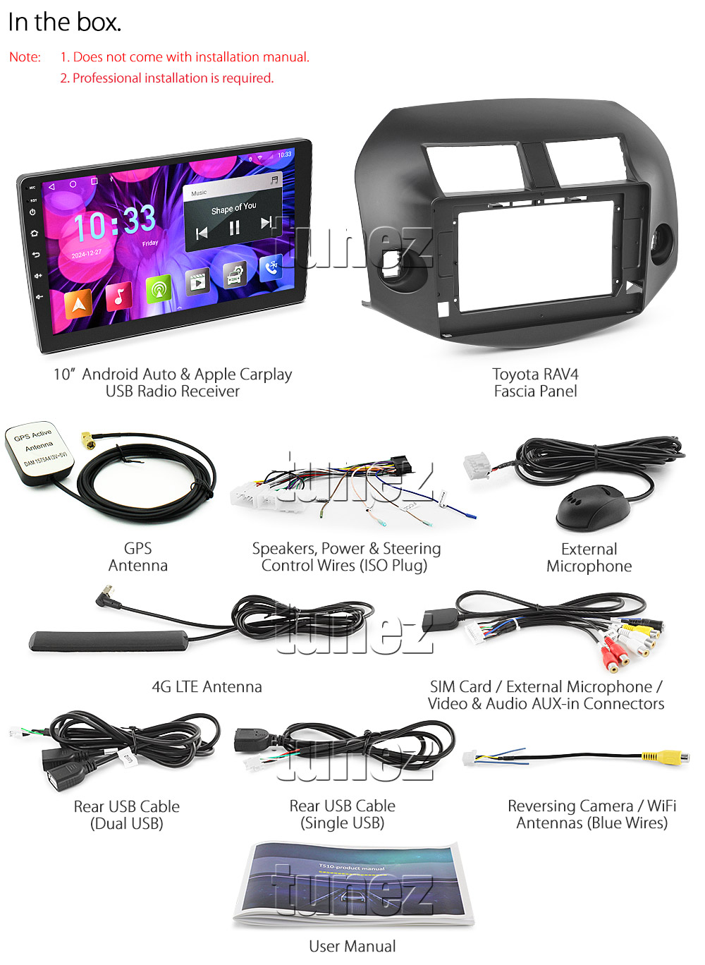 TRV09AND GPS Aftermarket Toyota RAV4 RAV 4 XA30 Chassis Year 2006 2007 2008 2009 2010 2011 2012 touchscreen capacitive 10 inches touchscreen Universal Double DIN Latest Australia UK European USA Original CarPlay Android Auto 10 Car USB player radio stereo 4GdLTE WiFi head unit details Aftermarket External and Internal Microphone Bluetooth Europe Sat Nav Navi Plug and Play ISO Plug Wiring Harness Matching Fascia Kit Facia Free Reversing Camera Album Art ID3 Tag RMVB MP3 MP4 AVI MKV Full High Definition FHD 1080p DAB+ Digital Radio DAB + Connects2 CTSIZ001.2