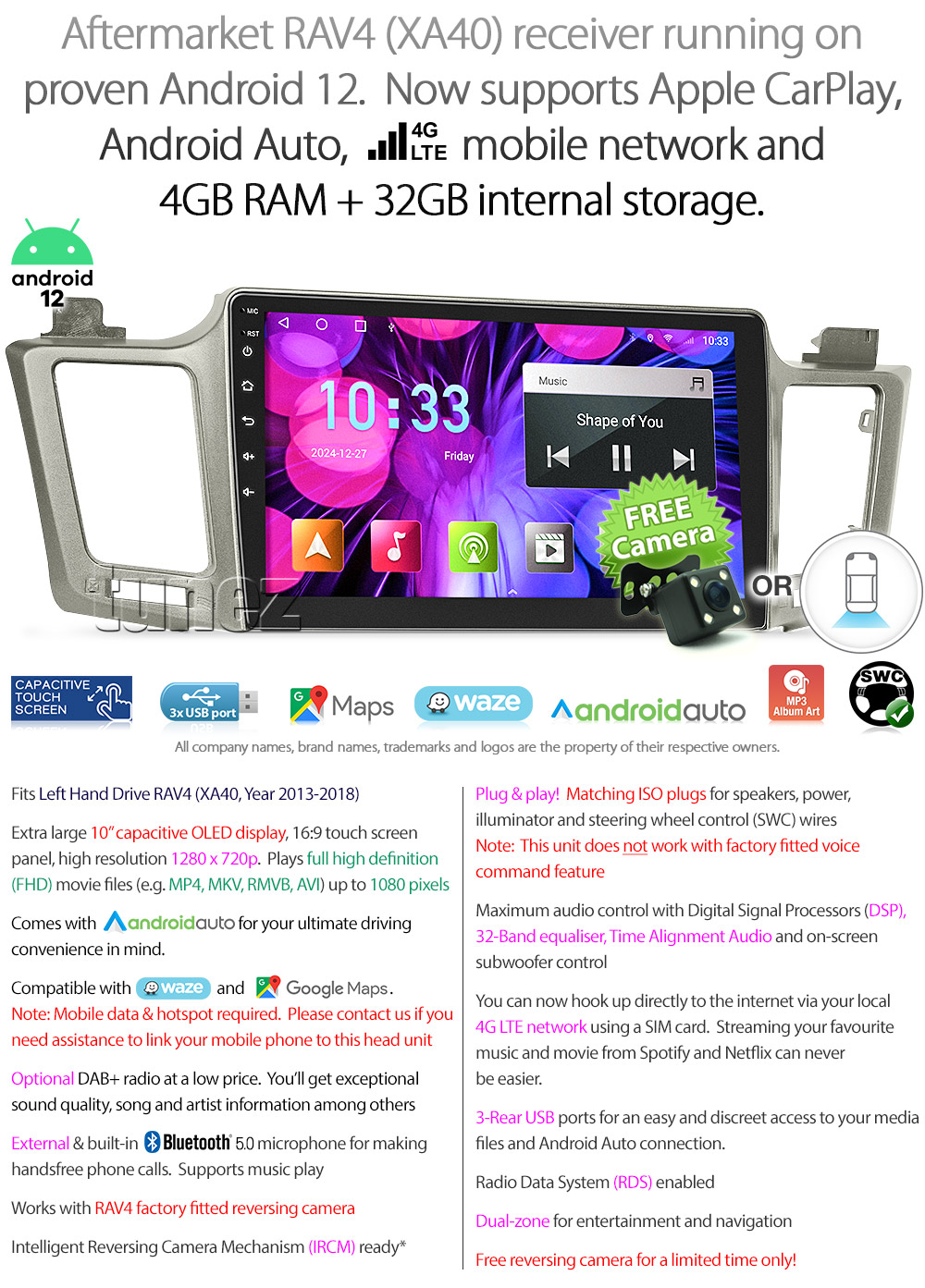 TRV10AND GPS Aftermarket Toyota RAV4 RAV 4 XA40 2013 2014 2015 2016 2017 2018 capacitive 10 inches touchscreen Universal Double DIN Latest Australia UK European USA Original CarPlay Android Auto 10 Car USB player radio stereo 4G LTE WiFi head unit details Aftermarket External and Internal Microphone Bluetooth Europe Sat Nav Navi Plug and Play ISO Plug Wiring Harness Matching Fascia Kit Facia Free Reversing Camera Album Art ID3 Tag RMVB MP3 MP4 AVI MKV Full High Definition FHD 1080p DAB+ Digital Radio DAB + Connects2 CTSIZ001.2