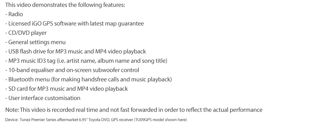 TU09GPS Aftermarket Toyota Car DVD GPS player stereo radio head unit sat nav classy tunez demo video user interface