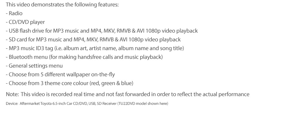 TU23DVD 7-inch Aftermarket Toyota Hilux Hiace Land Cruiser Prado 100 120 150 200 series Kluger Tarago Corolla Camry Celica Echo FJ Cruiser MR2 LandCruiser RAV4 Rukus Yaris 86 GT Avensis Verso Estima Hiace Previa Urbancruiser Universal Direct Loading design car DVD USB SD player MP3 Album Art ID3 Tag RDS radio stereo head unit details AUX-in Aftermarket External and Internal Microphone Bluetooth RMVB MP4 AVI MKV 1080p Full High Definition FHD Free Reversing Camera UK United Kingdom Fascia Kit ISO Plug Wiring Harness Steering Wheel Control buttons Double DIN Patch Lead Connects2