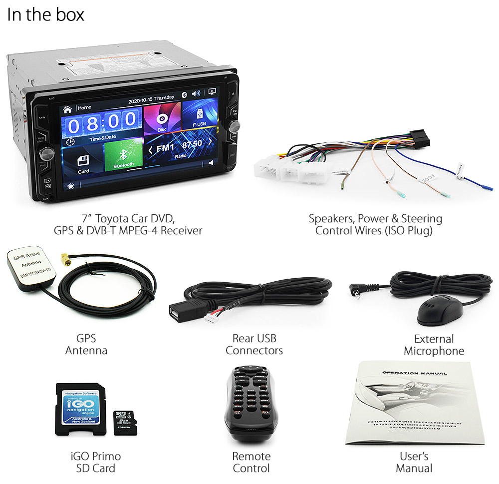TU25DVBT Toyota Camry Celica Corolla Echo FJ Cruiser Hiace Hilux KUN26 KUN26R Kluger Land Cruiser Landcruiser MR2 Prado RAV4 Rukus Tarago Yaris 86 GT 100 200 120 150 Series 7-inch Double 2 DIN Car DVD CD USB SD Card player Radio Stereo Head Unit Album Art ID3 Tag RDS MP3 MP4 MKV RMVB AVI 1080p Full High Definition FHD External Bluetooth Microphone UK European Europe Australia USA Matching ISO Plug Wiring Harness Radio Adapter Free Reversing Camera 3.5mm AUX-in Plug and Play Installation Dimension tunez tunezmart Patch Lead Connects2 GPS iGO Primo TomTom Naviextra Sat Nav Navi Tunez Navigation System Latest Map Guarantee Digital TV DVB-T MPEG-4 DVBT MPEG4 Dual Antenna Connects2 OEM