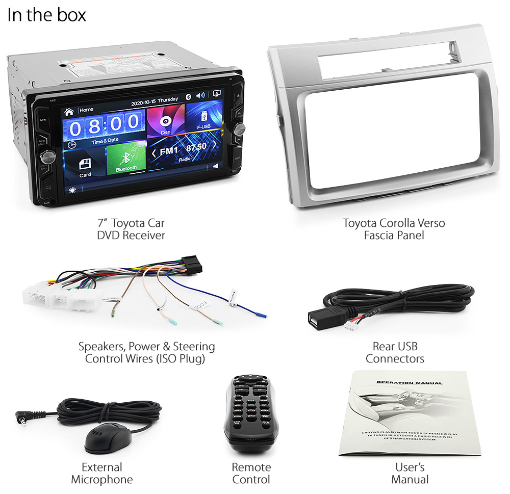 TVR08DVD Toyota Corolla Verso 3rd Generation Gen Year 2004 2005 2006 2007 2008 Europe European Direct Loading design car DVD USB SD player MP3 Album Art ID3 Tag RDS radio stereo head unit details Aftermarket External and Internal Microphone Bluetooth MP4 MKV RMVB AVI 1080p Full High Definition FHD Free Reversing Camera UK United Kingdom Fascia Kit Right Hand Drive ISO Plug Wiring Harness Steering Wheel Control SWC Double DIN Display Patch Lead Connects2 Plug & Play