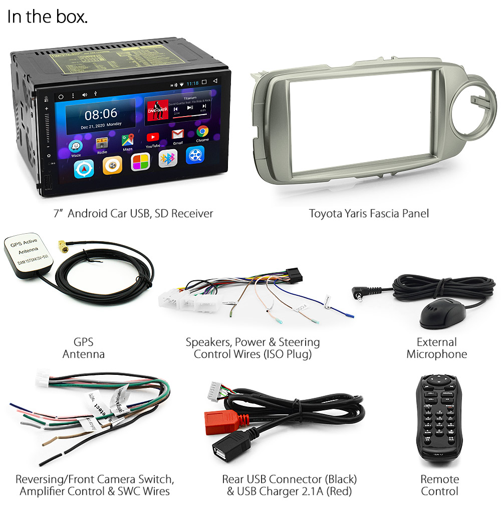 TYA08AND GPS Toyota Yaris 3rd Generation Gen XP130 2012 2013 2014 2015 2016 2017 LHD RHD Left Right Hand Drive 7-inch Universal Double DIN Latest Australia UK European USA Original Android 7.1 Nougat car USB Charger 2.1A SD player radio stereo head unit details Aftermarket External and Internal Microphone Bluetooth Europe Sat Nav Navi Plug and Play ISO Plug Wiring Harness Matching Fascia Kit Facia Free Reversing Camera Album Art ID3 Tag RMVB MP3 MP4 AVI MKV Full High Definition FHD AirPlay Air Play MirrorLink Mirror Link 1080p DAB+ Digital Radio DAB + Connects2 CTSTY001.2 CTSTY002.2