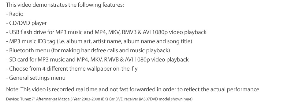 M307DVD Mazda3 Mazda 3 1st Generation BK1 BK2 BK Series 1 2 Gen Year 2003 2004 2005 2006 2007 7-inch Double-DIN car DVD CD USB SD Card player radio stereo head unit details Aftermarket MP4 MKV RMVB AVI 1080p Full High Definition FHD External Bluetooth Microphone UK Europe Australia USA Fascia Facia Kit Panel Trim ISO Wiring Harness Free Reversing Camera 3.5mm AUX-in Plug and Play Installation Dimension tunez tunezmart BOSE audio system Patch Lead Steering Wheel Control Compatible SWC CTSMZ004.2 Connects2