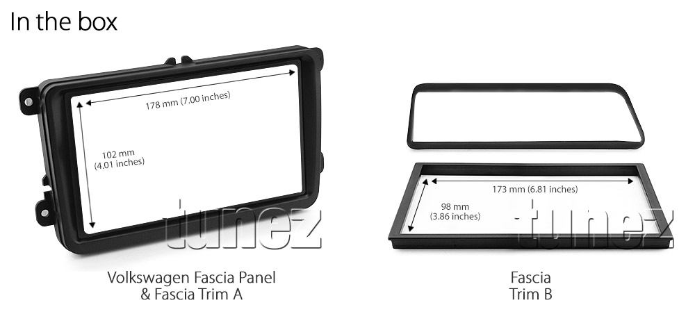 VW09-AND-FAS Aftermarket Volkswagen Amarok 2H Caddy Caravelle EOS 1F Golf Mk5 Mk6 Jetta Multivan Passat CC B6 B7 Polo 9N 9N3 6R Scirocco Tiguan 5N Touareg Touran Transporter Vento 2003 2004 2005 2006 2007 2008 2009 2010 2011 2012 2013 2014 2015 7-inch Double 2 DIN Fascia Facia Trim Plate Kit Dash Panel ISO Plug Wiring Harness Plug and Play CTSVW002.2 Connects2 Australia UK United Kingdom USA tunez