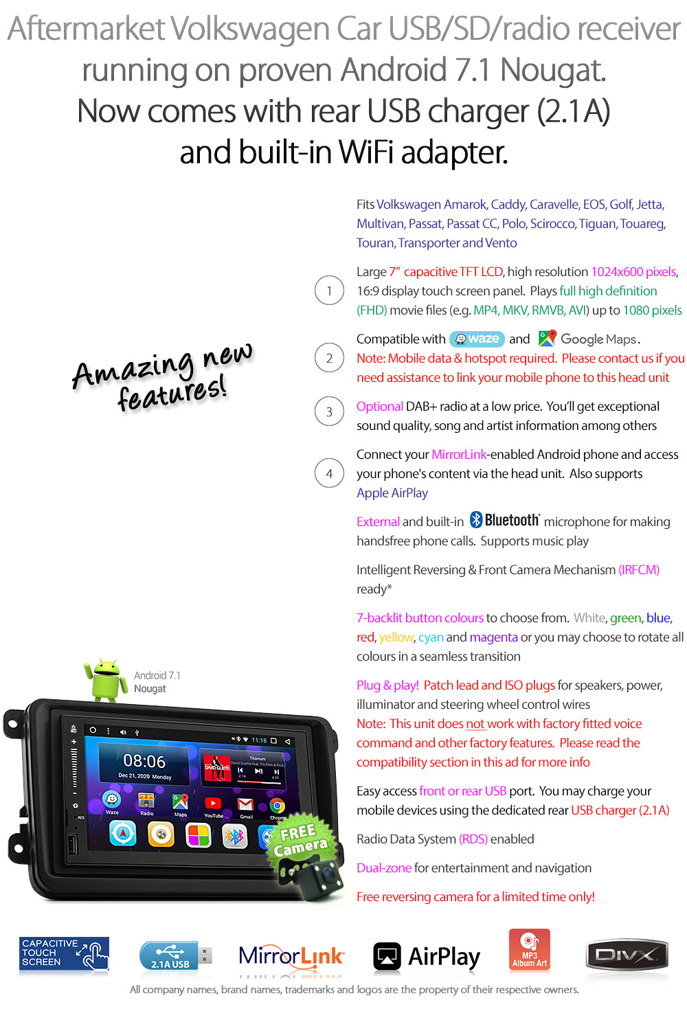 VW10AND GPS Volkswagen Amarok 2H Caddy Caravelle EOS 1F Golf Mk5 Mk6 Jetta Multivan Passat CC B6 B7 Polo 9N 9N3 6R Scirocco Tiguan 5N Touareg Touran Transporter Vento 2003 2004 2005 2006 2007 2008 2009 2010 2011 2012 2013 2014 2015 7-inch Universal Double DIN Latest Australia UK European USA Original Android 7.1 Nougat car USB Charger 2.1A SD player radio stereo head unit details Aftermarket External and Internal Microphone Bluetooth Europe Sat Nav Navi Plug and Play Fascia Kit Left Right Hand Drive ISO Plug Wiring Harness Steering Wheel Control Double DIN MID Multi-Information Display Patch Lead CTSVW002.2 Connects2 Quadlock FakraFree Reversing Camera Album Art ID3 Tag RMVB MP3 MP4 AVI MKV Full High Definition FHD Apple AirPlay Air Play MirrorLink Mirror Link 1080p DAB+ Digital Radio DAB + OEM