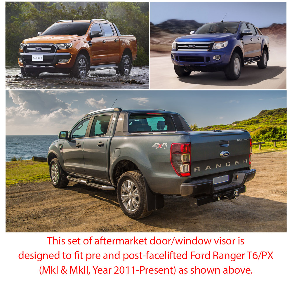 WVFR01 Ford Ranger PX T6 MK1 MK2 MKI MKII Generation Gen 2011 2012 2013 2014 2015 2016 2017 2018 2019 Smoked Smoke Black Weathershield Weather Shield Rain Window Door Visor Cover Frame 3M Double Sided Tape For Car Aftermarket Set 4 piece pieces