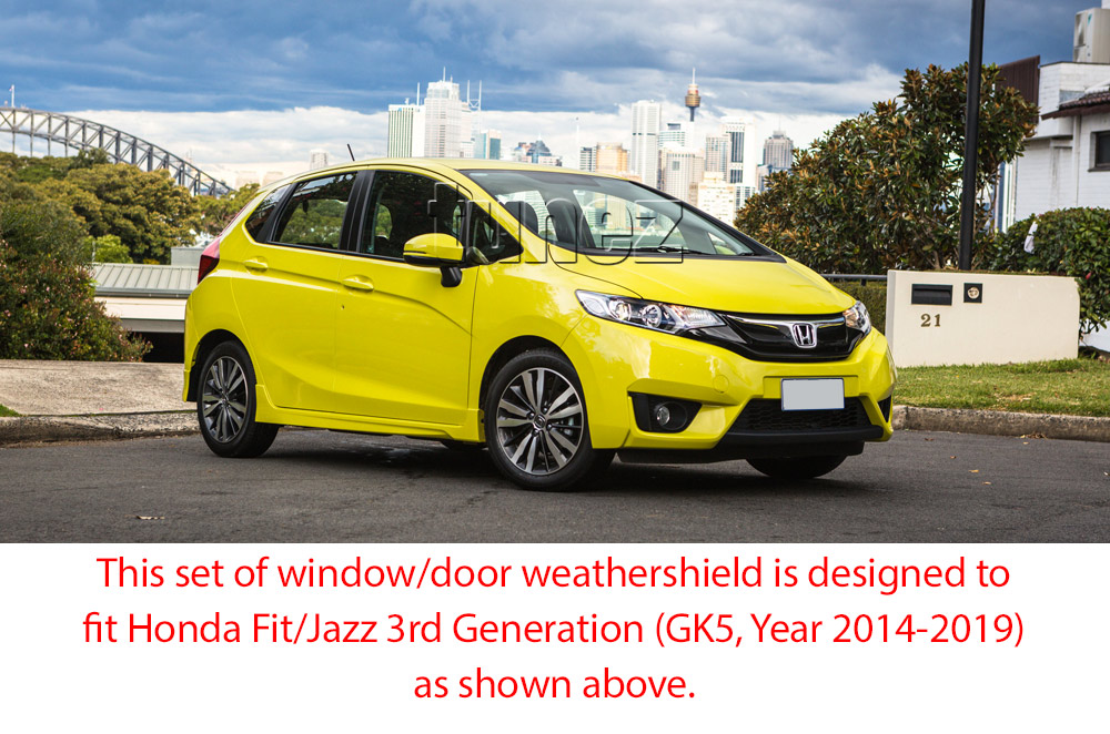 WVHJ01 Honda Jazz Fit 3rd Gen Generation GK5 2014 2015 2016 2017 2018 2019 Smoked Smoke Black Weathershield Weather Shield Window Door Visor Cover Frame 3M Tape For Car Aftermarket Set 4 piece pieces Locking Pins