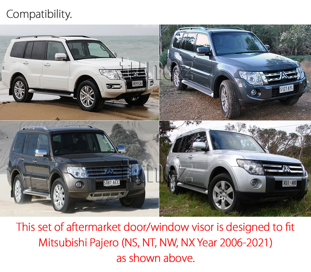 WVMP02 Mitsubishi Pajero 4th Generation Gen 2006 2007 2008 2009 2010 2011 2012 2013 2014 2015 2016 2017 2018 2019 2020 2021 2022 Smoked Smoke Black Weathershield Weather Shield Rain Window Door Visor Cover Frame 3M Double Sided Tape For Car Aftermarket Set 4 piece pieces Injection Moulding For Durability RX GL GLX GLS Exceed VR-X Edition