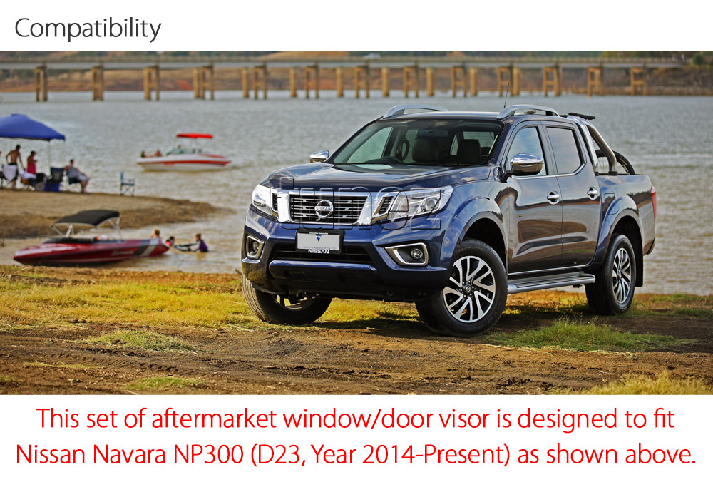 WVNV01 Nissan Navara NP300 D23 Series DX RX ST ST-X SL Visia Acenta Acenta+ N-Connecta Tekna 2014 2015 2016 2017 2018 2019 2020 Gen Generation Smoked Smoke Black Weathershield Weather Shield Window Door Visor Cover Frame 3M Tape For Car Aftermarket Set 4 piece pieces Locking Pins Durable Flexible Acrylic Plastic Bendable