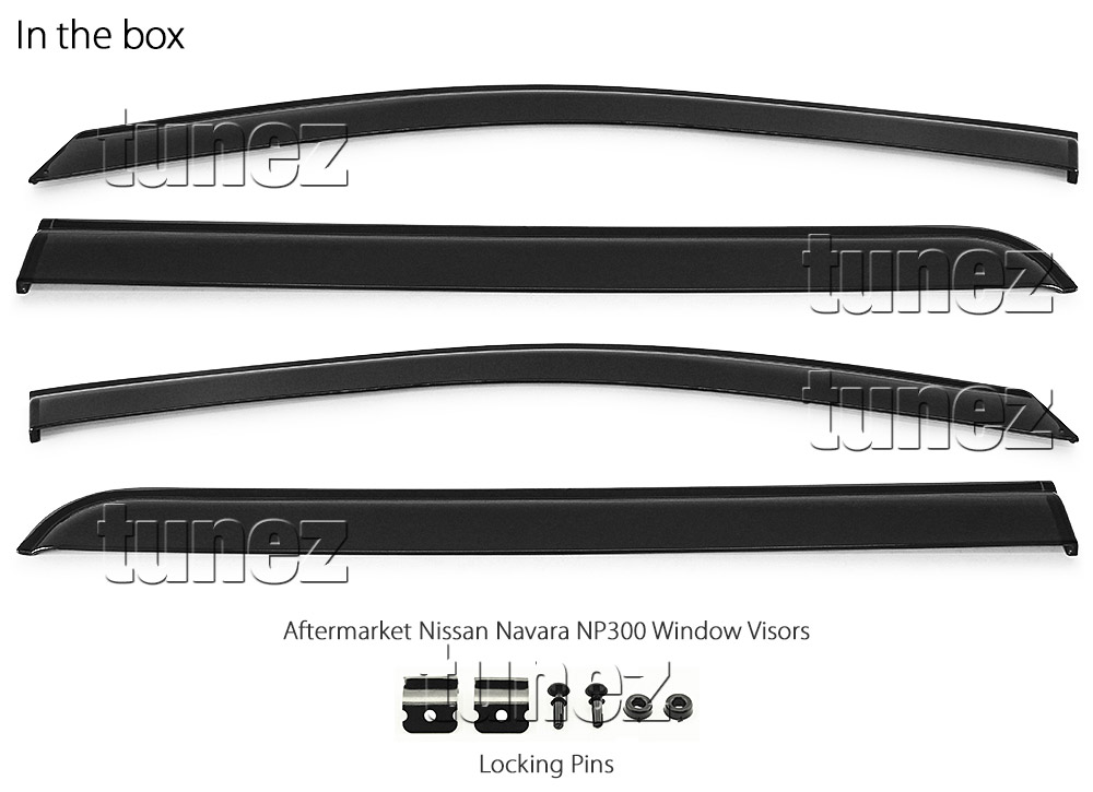 WVNV01 Nissan Navara NP300 D23 Series DX RX ST ST-X SL Visia Acenta Acenta+ N-Connecta Tekna 2014 2015 2016 2017 2018 2019 2020 Gen Generation Smoked Smoke Black Weathershield Weather Shield Window Door Visor Cover Frame 3M Tape For Car Aftermarket Set 4 piece pieces Locking Pins Durable Flexible Acrylic Plastic Bendable