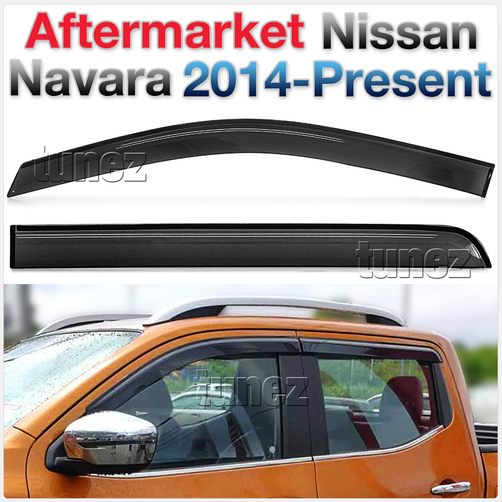 WVNV01 Nissan Navara NP300 D23 Series DX RX ST ST-X SL Visia Acenta Acenta+ N-Connecta Tekna 2014 2015 2016 2017 2018 2019 2020 Gen Generation Smoked Smoke Black Weathershield Weather Shield Window Door Visor Cover Frame 3M Tape For Car Aftermarket Set 4 piece pieces Locking Pins Durable Flexible Acrylic Plastic Bendable