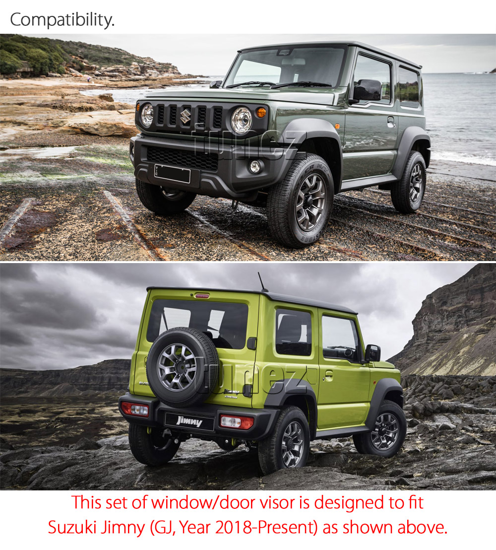 WVSJ02 Suzuki Jimny GJ 2018 2019 2020 2021 2022 2023 2024 2025 JB64W JB74W Smoked Smoke Black Weathershield Weather Shield Rain Window Front Door Visor Cover Frame 3M Double Sided Tape For Car Aftermarket Set 2 piece pieces