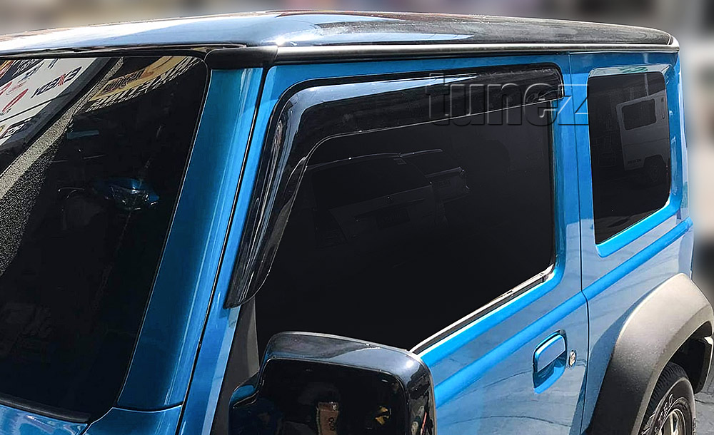 WVSJ02 Suzuki Jimny GJ 2018 2019 2020 2021 2022 2023 2024 2025 JB64W JB74W Smoked Smoke Black Weathershield Weather Shield Rain Window Front Door Visor Cover Frame 3M Double Sided Tape For Car Aftermarket Set 2 piece pieces
