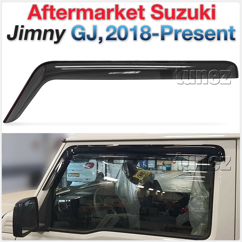 WVSJ02 Suzuki Jimny GJ 2018 2019 2020 2021 2022 2023 2024 2025 JB64W JB74W Smoked Smoke Black Weathershield Weather Shield Rain Window Front Door Visor Cover Frame 3M Double Sided Tape For Car Aftermarket Set 2 piece pieces