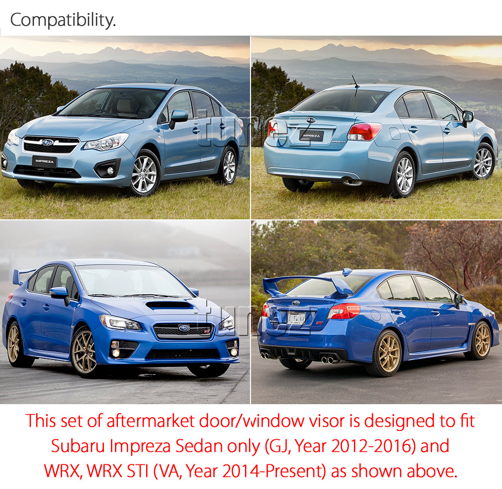WVSWRX01 Subaru Impreza WRX STI GJ 4th Generation Gen 2012 2013 2014 2015 2016 Smoked Smoke Black Weathershield Weather Shield Rain Window Door Visor Cover Frame 3M Double Sided Tape For Car Aftermarket Set 4 piece pieces Injection Moulding For Durability