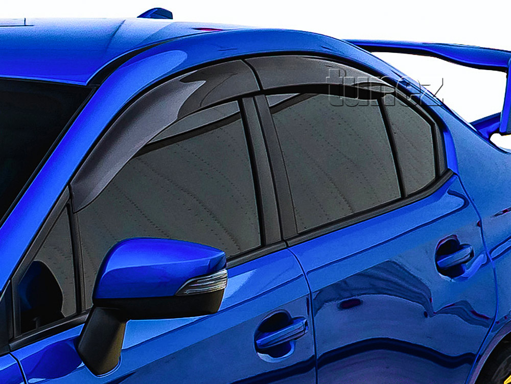 WVSWRX01 Subaru Impreza WRX STI GJ 4th Generation Gen 2012 2013 2014 2015 2016 Smoked Smoke Black Weathershield Weather Shield Rain Window Door Visor Cover Frame 3M Double Sided Tape For Car Aftermarket Set 4 piece pieces Injection Moulding For Durability