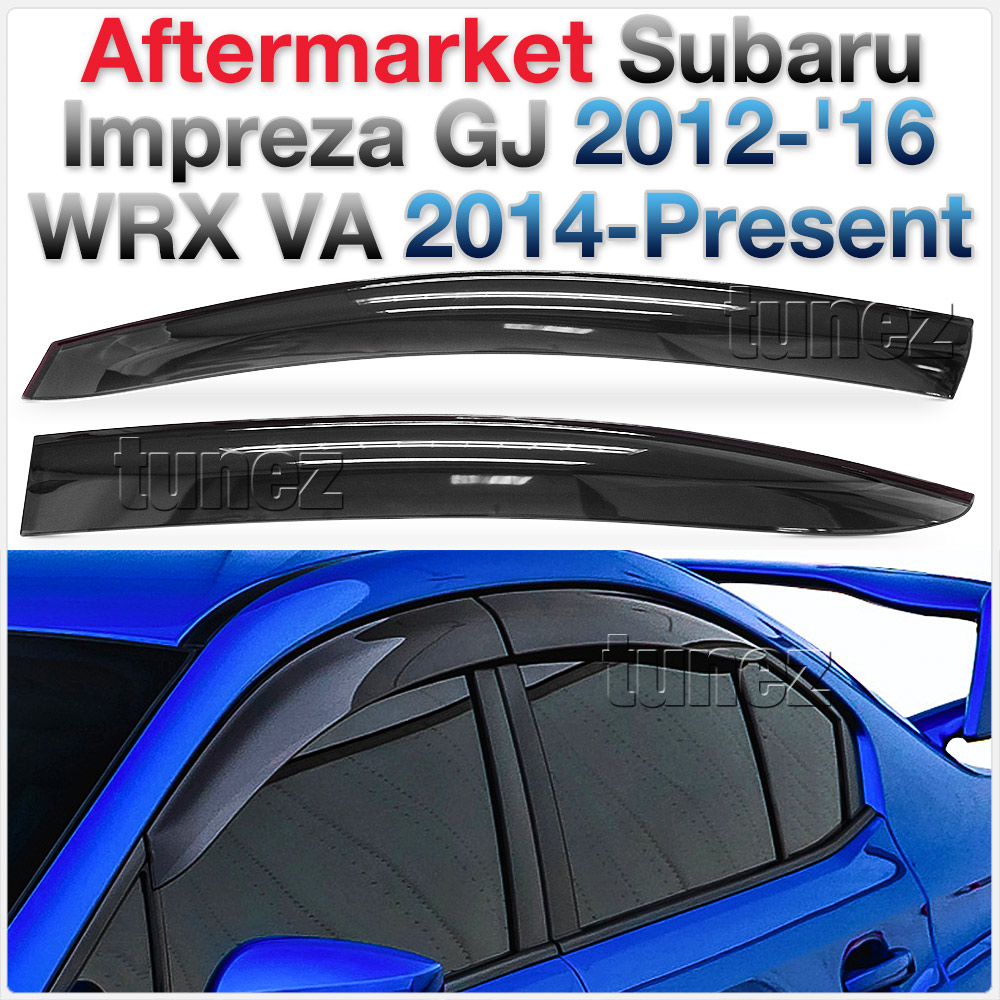 WVSWRX01 Subaru Impreza WRX STI GJ 4th Generation Gen 2012 2013 2014 2015 2016 Smoked Smoke Black Weathershield Weather Shield Rain Window Door Visor Cover Frame 3M Double Sided Tape For Car Aftermarket Set 4 piece pieces Injection Moulding For Durability